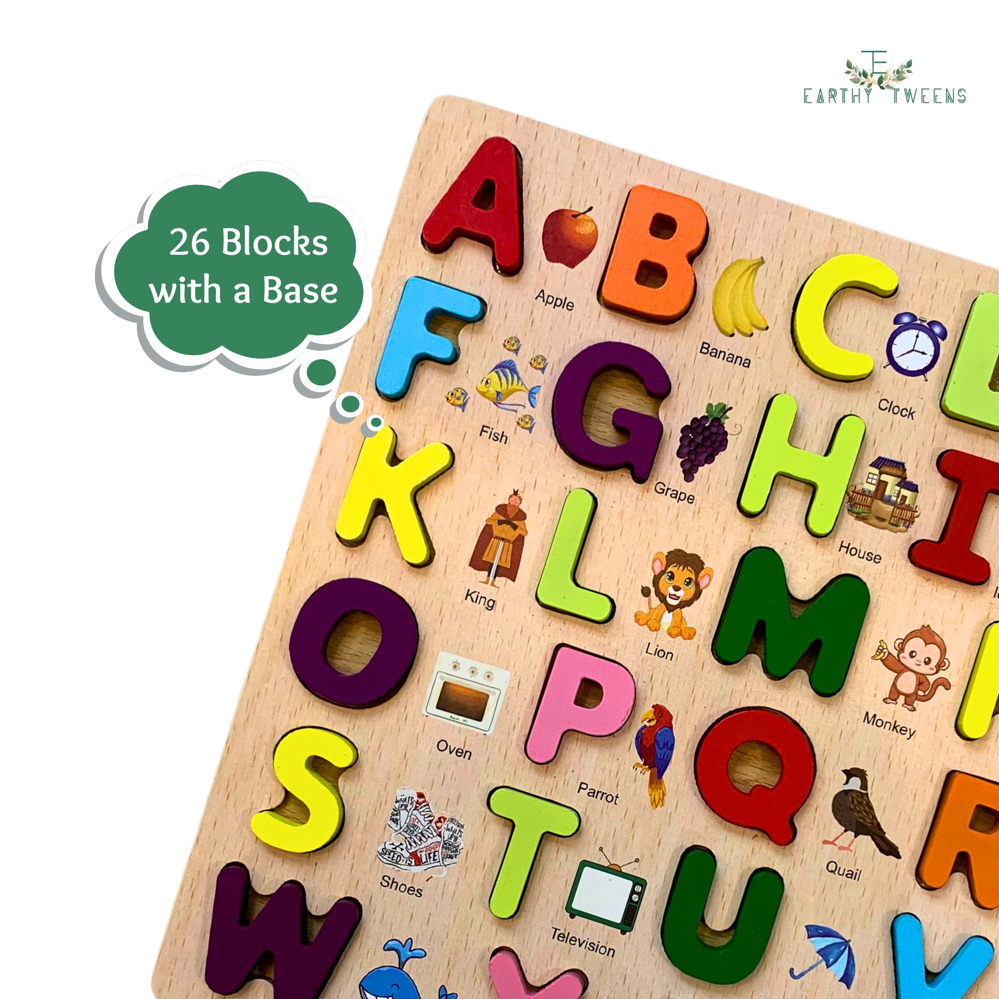 Earthytweens Learning ABCD Wooden Board | English Alphabet Puzzles Montessori Educational Blocks for Kids 2+ Years | Non-Toxic Harm-Free | Multicolor (Capital Alphabets Fun Learning Wooden Board)