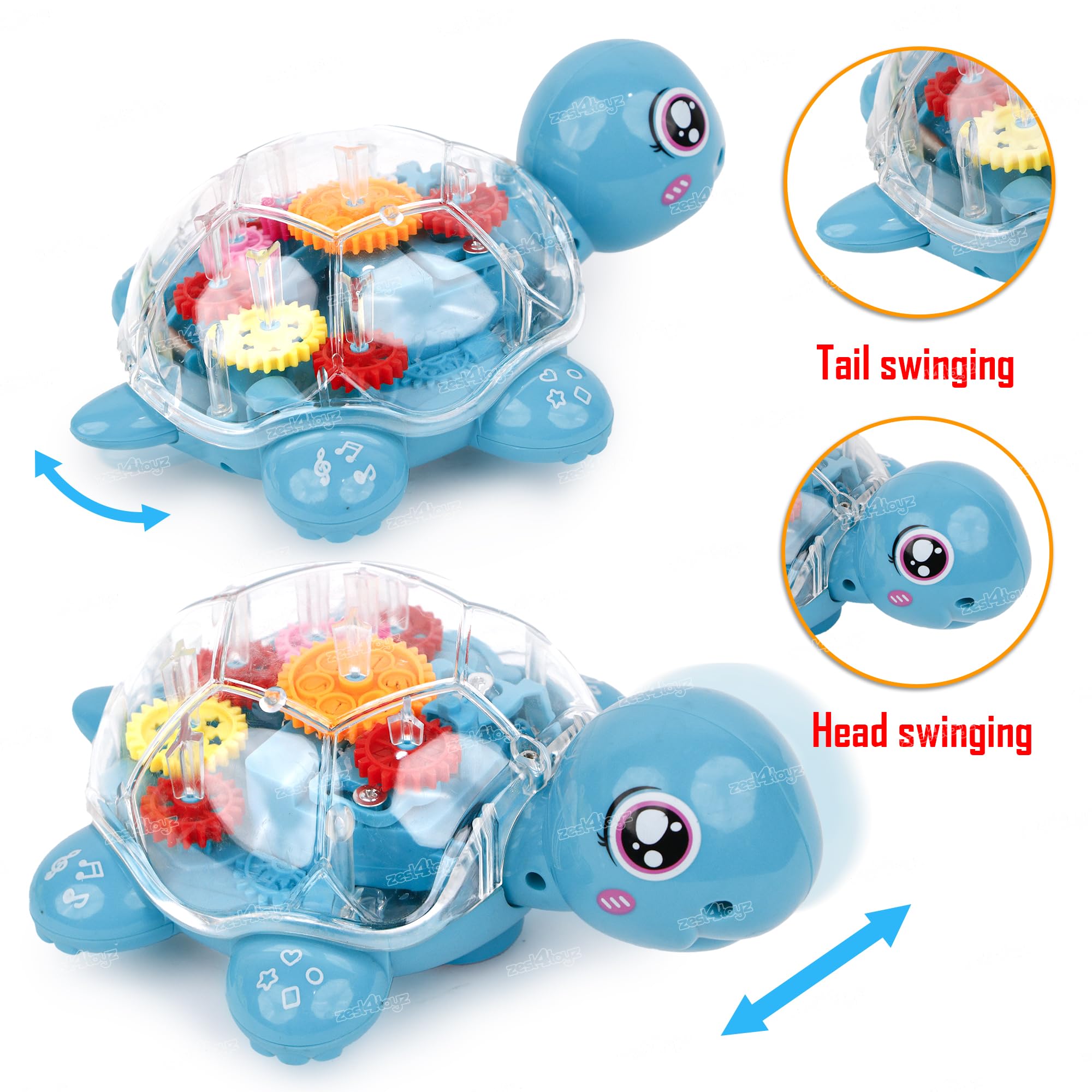 Zest 4 Toyz Musical Toy for Kids Moving Gear Turtle Bump & Go with Music & 3D Flashing Lights Transparent Gear Sound Toy for Babies -Multlcolor