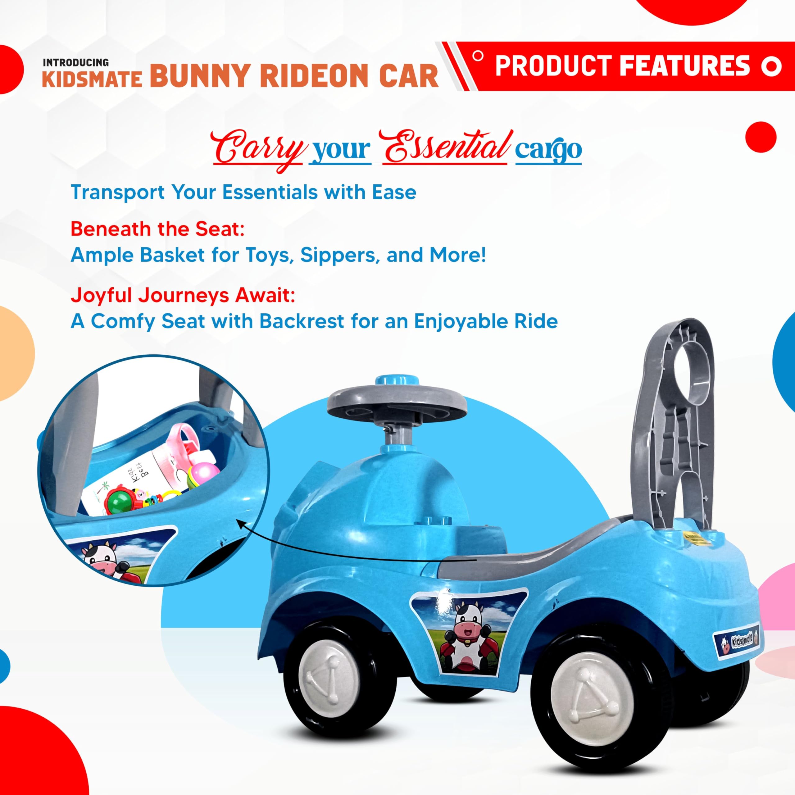 Kidsmate Bunny Ride On Car with Music & Horn - Safe and Fun Push Car for Babies (1-3 Years) | Backrest, Storage, and Big Wheels | Perfect Toddler Ride-On Toy (Sea Green)
