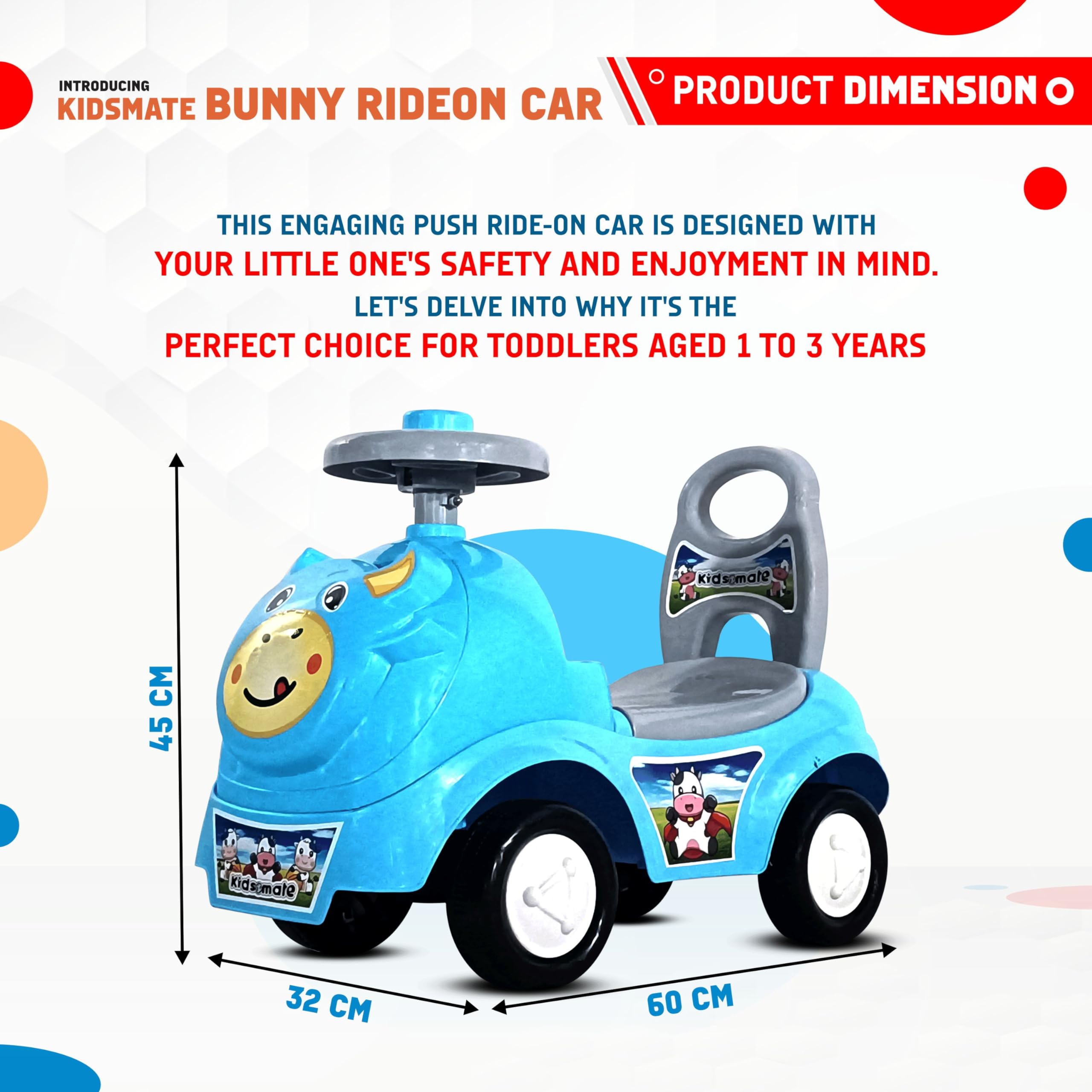 Kidsmate Bunny Ride On Car with Music & Horn - Safe and Fun Push Car for Babies (1-3 Years) | Backrest, Storage, and Big Wheels | Perfect Toddler Ride-On Toy (Sea Green)