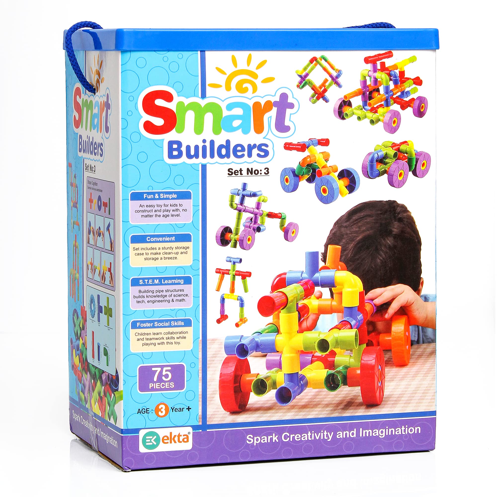 EKTA Smart Builders Building Blocks Set-3, Building Blocks for Kids, Block Game for Kids (Multicolor, Big Size) - 75 Pieces