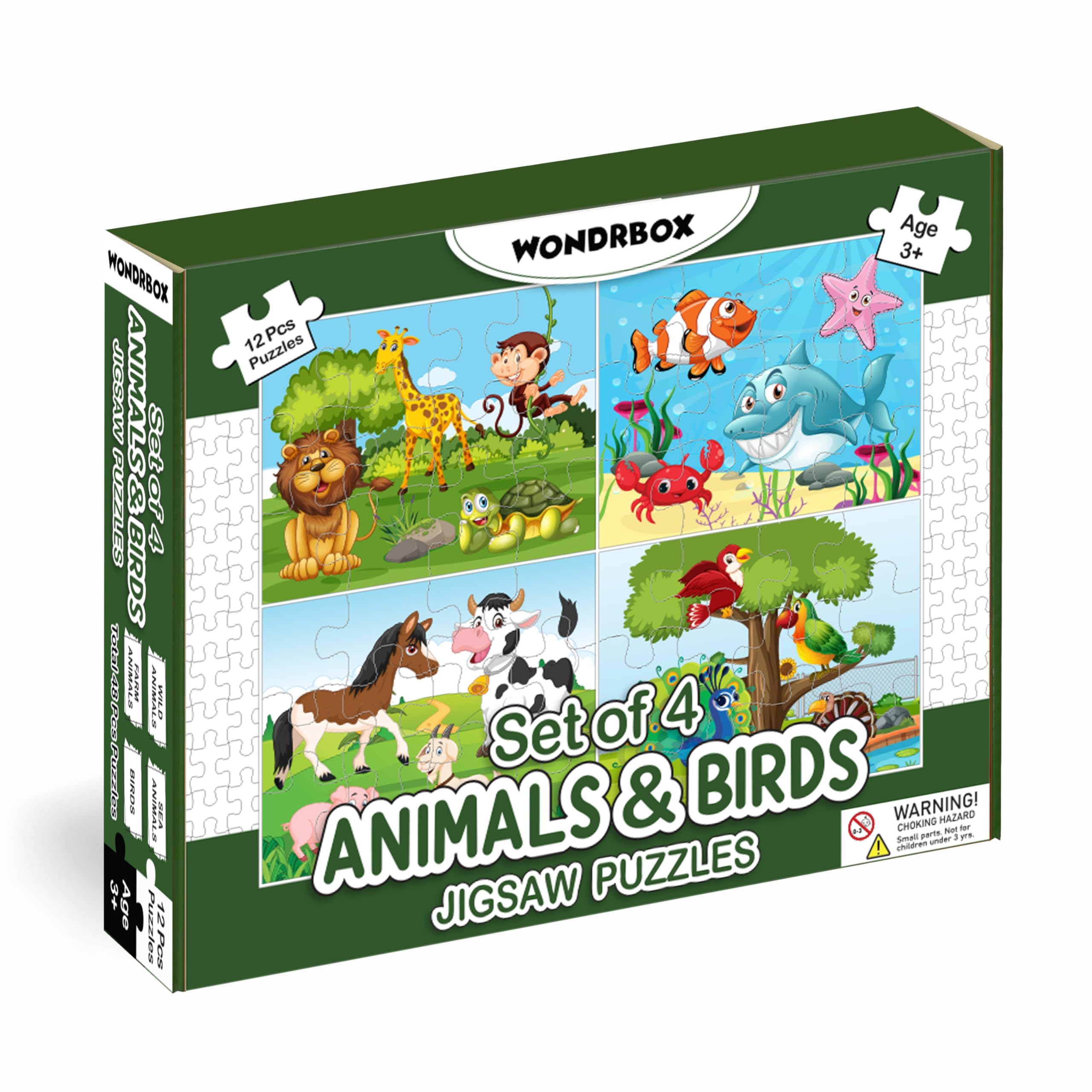 WONDRBOX Animal and Birds Jigsaw Puzzles for Kids | Educational Toy for The Kids Age 3 and Above| Boost Memory Skills | 12 Pieces Jigsaw Puzzles for Kids (Animals & Birds,Set of 4 Puzzles in Box