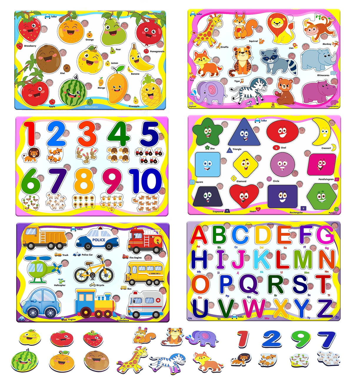 FunBlast (Set of 6 Puzzle Board) Wooden Colorful Learning Educational Board for Kids Set of 6 Puzzle Board Includes Fruits, Numbers, Shapes and Symbols, Animals, Vehicles, Alphabet