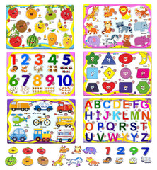 FunBlast (Set of 6 Puzzle Board) Wooden Colorful Learning Educational Board for Kids Set of 6 Puzzle Board Includes Fruits, Numbers, Shapes and Symbols, Animals, Vehicles, Alphabet