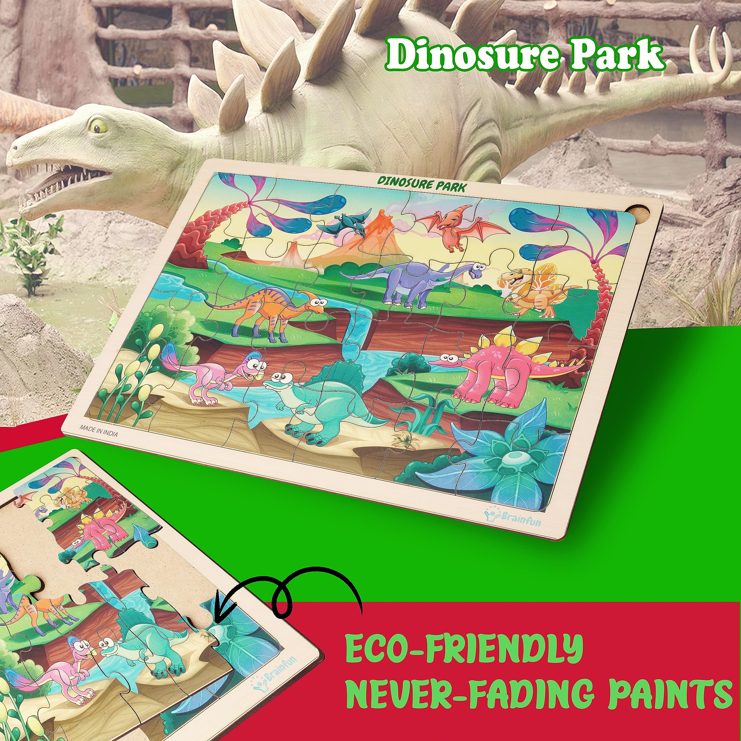 Lefan Wooden Jigsaw Puzzle Dinosure Park Jigsaw Dinosaur Jigsaw Puzzle for Kids of Age 3-5 Years Educational Puzzle Toys Learning Jigsaw Puzzle– 24 Pcs