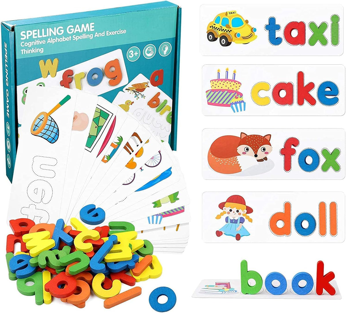 Spelling Games for Kids,Alphabet Puzzle Game Toy Set with 28 Double-Sided Word Pattern Cognition Cards & 52 Wooden Letter Blocks,Preschool Vocabulary Spelling for Kids Toddlers